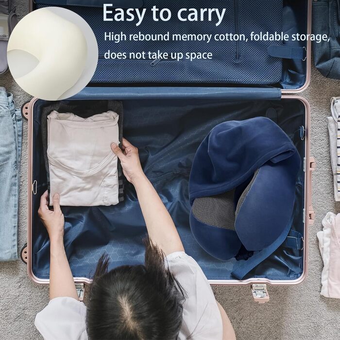 Подушка для шиї Memory Foam | Подушка для подорожей в літак з 95% захистом від світла, регульована, для офісу та сну на боці (Темно-синій)