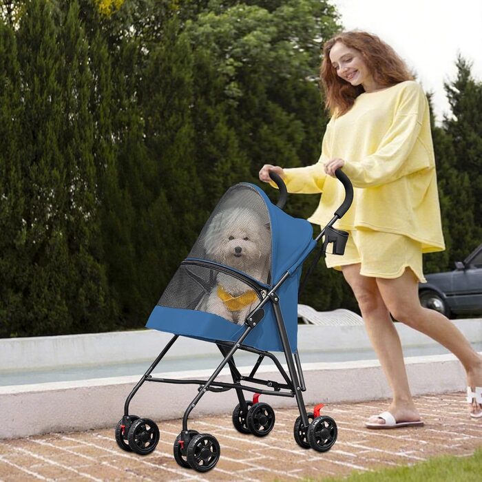 Візок для собак та котів OHMG, складаний, до 20 кг, з гальмами, великий кошик, 3 вікна, тримач для напоїв, блакитний