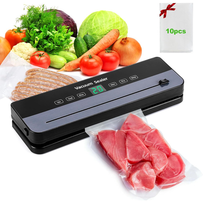 Вакуумний пакувальник Obecilc 7-в-1 з ріжучим ножем, 65 кПа, сухий/вологий режим, 10 пакетів, для дому та ресторану