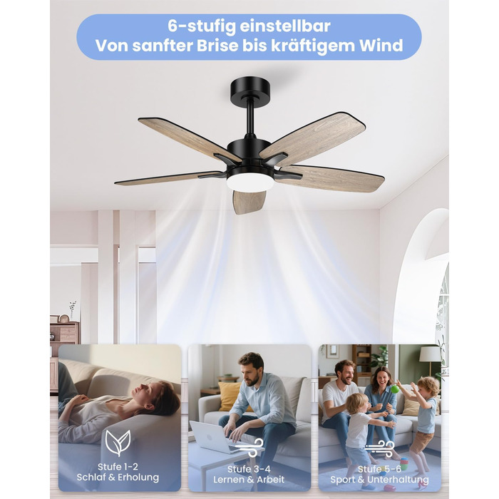 Стелянка вентилятор 106 см з підсвіткою та двосторонніми лопатями, тихий вентилятор з LED-лампою та пультом керування, для спальні та вітальні, DC мотор, штанга темне дерево