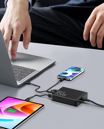 Зарядний пристрій USB 6 портів з LCD екраном, GaN швидка зарядка USB-C, сумісний з MacBook, iPad, iPhone 16/15/14/Pro/Max, Samsung Galaxy S23 (Чорний)