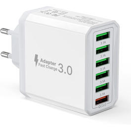 Зарядний пристрій USB 6-портовий, 33W, адаптер з QC 3.0, зарядний пристрій з декількома USB, мережевий адаптер для iPhone 16 15 14 13 12 11 Pro Max, iPad, смартфонів, білий