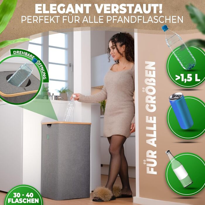 Deposit bottle collection container with lid and carrying bag | Deposit container with holes, rotatable | Ideal deposit bottle storage, empty container collection container, bottle collector (Gray without print)