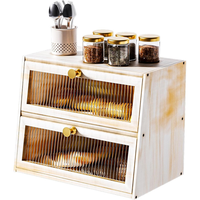 Дерев'яний хлібниця великого розміру, 2-ярусний, з акриловим вікном, стиль фермерський дім (білий/оптимальний сад)