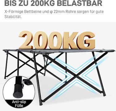 Розкладне ліжко EVER ADVANCED для кемпінгу XXL, 200 кг, сіре. Стабільне, портативне, з кишенею, 214x79x50 см. Для кемпінгу, відпочинку на природі, саду, дому.