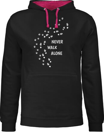 Двоколірний худі-пуловер Shirtracer Never Walk Alone з відбитками лап для власників собак, S, чорний/фуксия