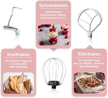 Кухонна машина Clatronic Retro для випічки, 5 л, 1100 Вт, тістоміс з гачками і вінчиком, рожевий, KM 3711