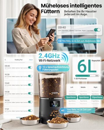 Автомат годівлі для котів з APP та таймером, 6 л / 25 порцій, 3 миски, 3 пакетики силікагелю, система запобігання застряганню, WiFi 2.4G, запис голосу, чорний