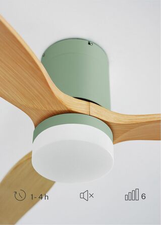 Вентилятор стельовий WINDCALM M з підсвіткою, Wi-Fi та пультом ДУ, 132 см, 40W, світлодіодне освітлення (3 температури), шалфейно-зелений, дерев'яні лопаті