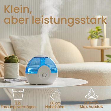 Зволожувач повітря Raydrop 2.2L для спальні, ультразвуковий, тихий (28dB), з нічним підсвічуванням (блакитний)