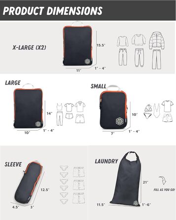 Набір органайзерів для подорожей Trippped Travel Gear, 7 шт., великі, компресійні, сірі/помаранчеві