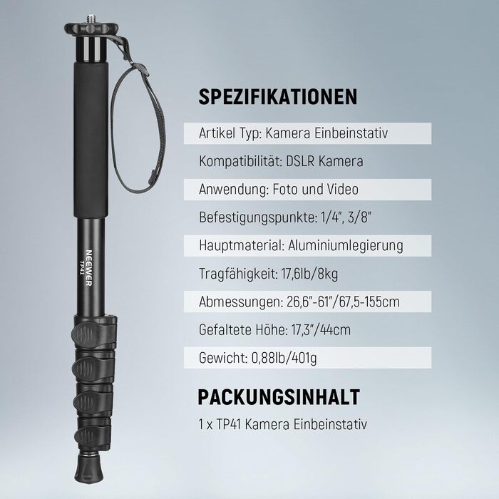 NEEWER Монопод 155 см для камери: легкий, портативний, з адаптерами 1/4' та 3/8' для DSLR, відеокамер, вантажопідйомність 8 кг