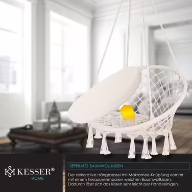 Підвісне крісло KESSER 150 кг, бежеве, з подушкою, сталеві кільця, плетене, з бахромою, для саду та дому, водовідштовхувальне