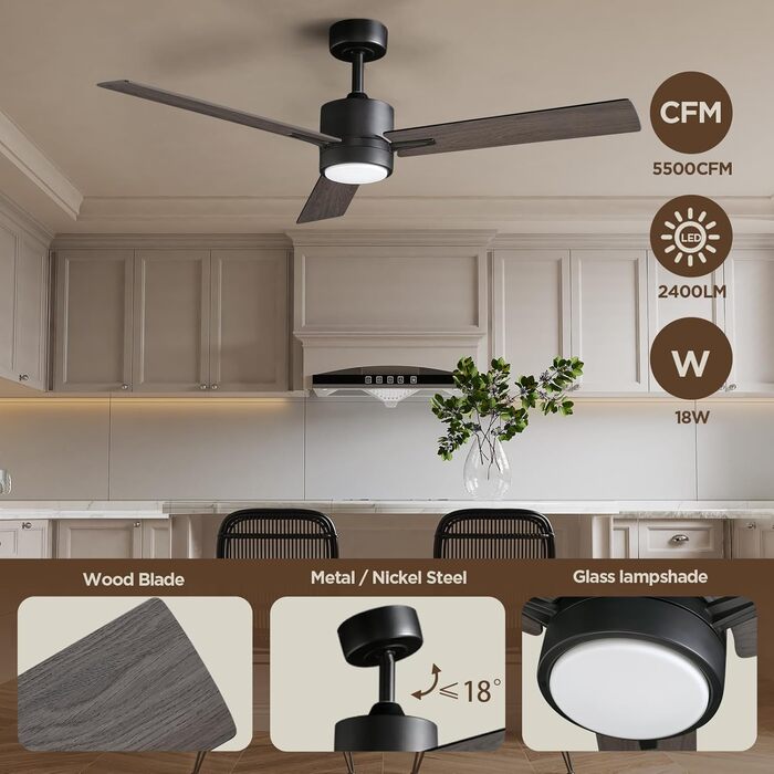 Стеляний вентилятор з підсвіткою та пультом керування: 132 см, сучасний дизайн для спальні. Тиха DC мотор, регульована трикольорова LED-підсвітка, реверсивна функція, для приміщень та вулиці, 220~240V (3 - горіх)