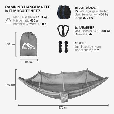 Гамак для кемпінгу MSports Premium Ultraleicht з москітною сіткою | Максимальне навантаження 250 кг, дихаючий матеріал (срібно-сірий)