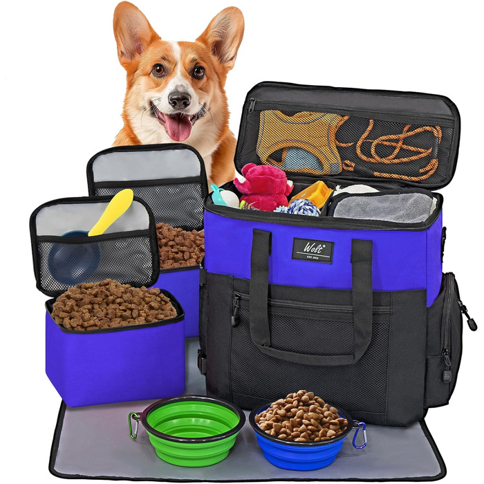 Сумка для собак Wolt: подорожі та аксесуари. З двома складними мисками, 2 контейнерами для корму та підставкою (Блакитна)