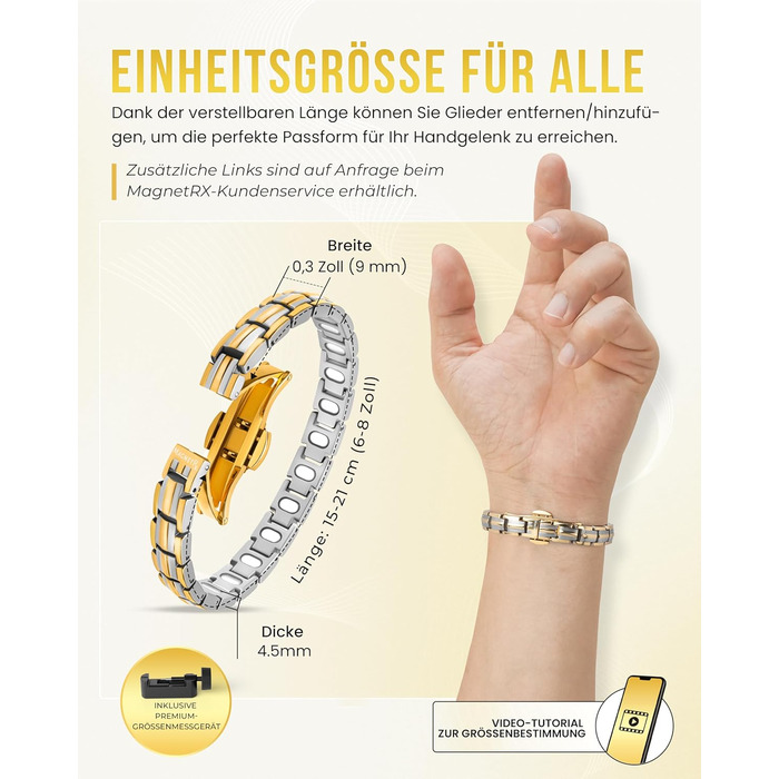 Браслет на магнітах MagnetRX® Ultrastarkes Titan для жінок – браслет з титану, регульований розмір, срібло та золото (5x міцність)