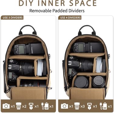 Сумка для камери на плече, рюкзак для DSLR/SLR/беззеркальної камери, фоторюкзак з кріпленням для штатива, знімні модульні вставки (зелений, коричневий)