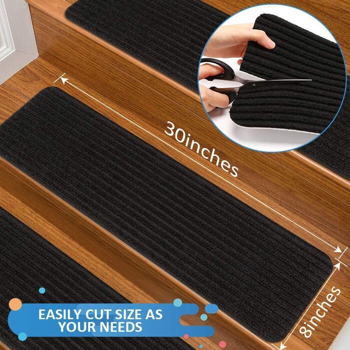 Килимок на сходи RIOLAND, антиковзаючий, для дому, на дерев'яні сходи, для дітей та собак, 15 шт., 20,3 x 76,2 см, чорний