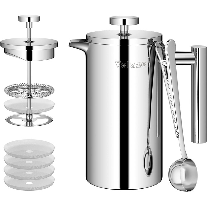 Velaze French Press Stainless Steel Coffee Maker, 350ML Coffee Maker for 2-3 Cups, Double-Walled French Coffee Press, Elegant Design, Coffee Pot with 5 Stainless Steel Filters and 1 Spoon