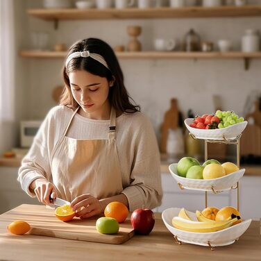 Трьох'ярусна фруктова тарілка Acliys з кераміки (золото) – для зберігання фруктів, овочів, снеків та десертів