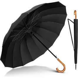 NINEMAX Large Windproof Umbrella - Wooden Handle Stick Umbrella for Men & Women - 16 Ribs Automatic Open - Double Layer Black
