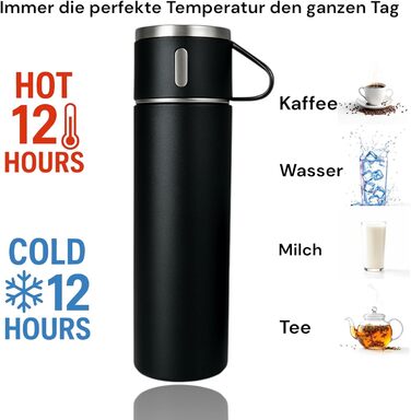 Термофляга 500 мл з нержавіючої сталі – 2 чашки з ручкою – без витоку, BPA-free – з щіткою для чищення – колір: чорний