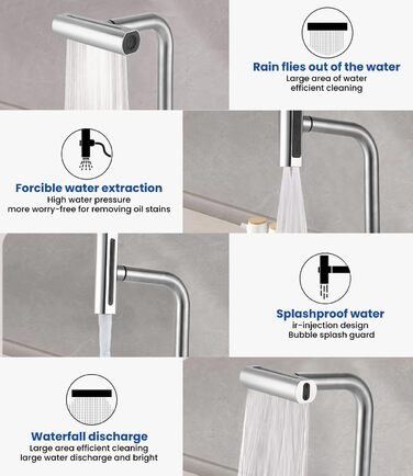 Висувний змішувач для кухні з 4 режимами – нержавіюча сталь, водоспад, високий тиск, 3/8 дюйма, для мийки
