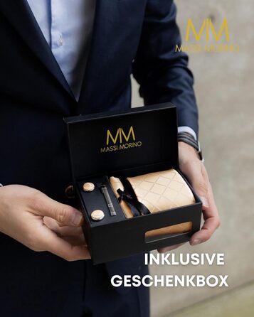 Набір краваток Massi Morino для чоловіків з нагрудним хустиною, краватковою голкою та затискачами для краваток, подарункова коробка - ідеальний вибір для весілля, універсальний розмір (Champagne Square)