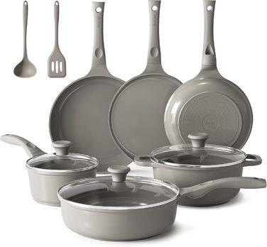 Набір посуду Redchef: 11-ти частинний набір каструль та сковорідок з керамічним покриттям, індукційний, PTFE-free, PFAS-free, для всіх типів плит, стійкий до миття в посудомийній машині (сірий)