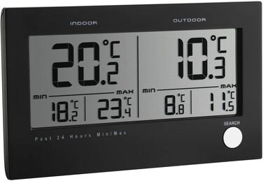 TFA Dostmann Twin Radio Thermometer, 30.3048, indoor and outdoor, with temperature alarm, including outdoor transmitter, also for indoor temperature monitoring, black, L148 x W57 x H119 mm