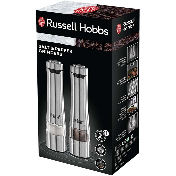 Електричні млини Russell Hobbs для солі та перцю, набір 2 шт, нержавіюча сталь, керамічний механізм, регульований помел, LED підсвітка, для спецій та трав, модель 23460-56