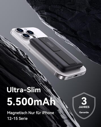 Power Bank INIU 5500mAh 20W з USB-C (вхід/вихід), магнітний акумулятор з підставкою для iPhone 16/15/14/13/12 Pro Max Mini, чорний
