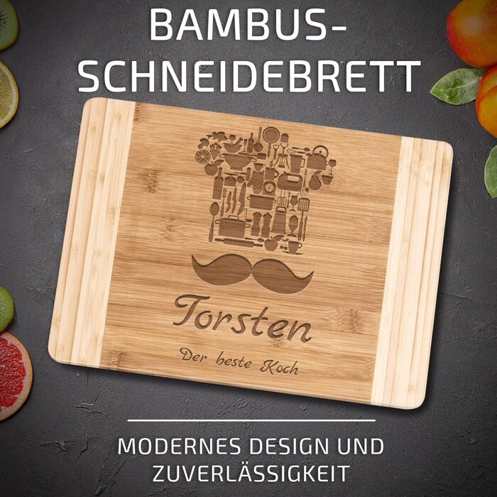 Maverton Bamboo Cutting Board with Engraving - Serving Board - Charcuterie Board solid wood - Size: 35x25 cm - Cutting board for men - for birthdays - for Christmas - chef's hat