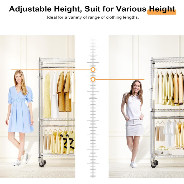 Міцний мобільний вішак для одягу з 3 рівнями, хромований. Штанга подвійна, гачки збоку, 40x75x189.3 см