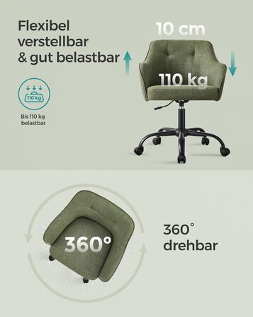 Крісло офісне SONGMICS, поворотне, регульоване по висоті, до 110 кг, дихаючий матеріал, для офісу/спальні, OBG019P01 (Зелений, бавовна)