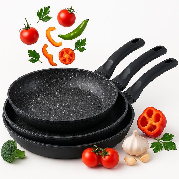 Набір сковорідок 3er – 20см, 24см, 28см – антипригарне покриття, сковорода для смаження – індукційне дно & PFOA-free – чорний гранітний дизайн