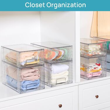 Vtopmart 4 Pack Stackable Storage Drawers, Clear Acrylic Drawer Organizers with Handles, Storage Organizer for Refrigerator, Bathroom, Closet, Pantry (4 Pack Middle)