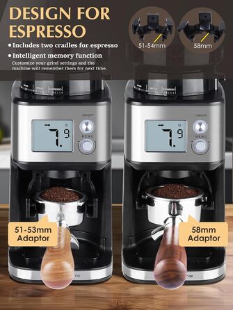 Електрична кавомолка Homtone для еспресо та френч-прес, 51 ступінь помолу, нержавіюча сталь, LCD-дисплей, 165W