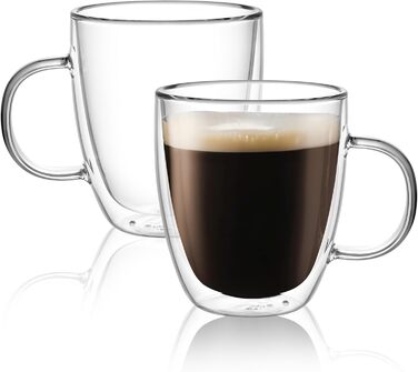 CNGLASS Double-Walled Macchiato Glasses 500ml/17oz, Large Insulated Coffee Cups Glass 2-Pack, Clear Coffee Glasses with Handles for Hot and Cold Drinks