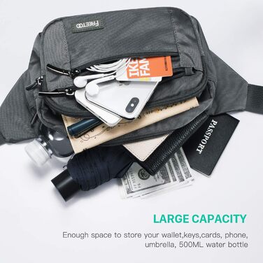 Поясна сумка FREETOO для чоловіків та жінок з 6 кишенями на блискавці – водонепроникна, для прогулянок з собаками, бігу, походів, подорожей та відпочинку (Сірий)