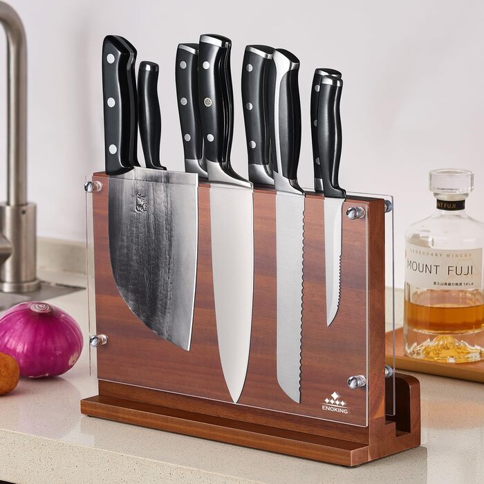 ENOKING Premium Plus Knife Block Magnetic, Magnetic Knife Block with Protection, High-Quality Magnetic Knife Holder, Acacia Wood Cutting Board with Double-Sided Strong Magnet for up to 14 Knives