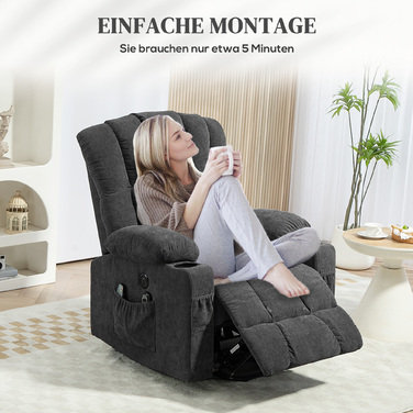 HOMCOM Electric Recliner with Rise Function, TV Chair with Lie-flat, Heating, and Massage Functions, TV Chair with Type-C and USB Ports, Cup Holders, Dark Grey | Aosom