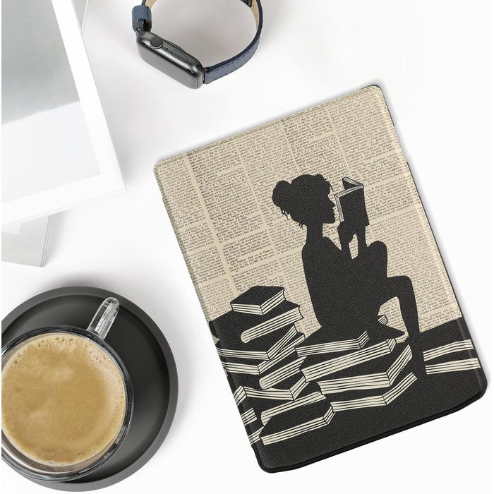 Чохол-книжка kwmobile для Pocketbook InkPad 4/Color 3/Color 2, Vivlio InkPad 4 - Чохол для eReader, Magnolien Taupe Weiß Blaugrau (жінка читає)