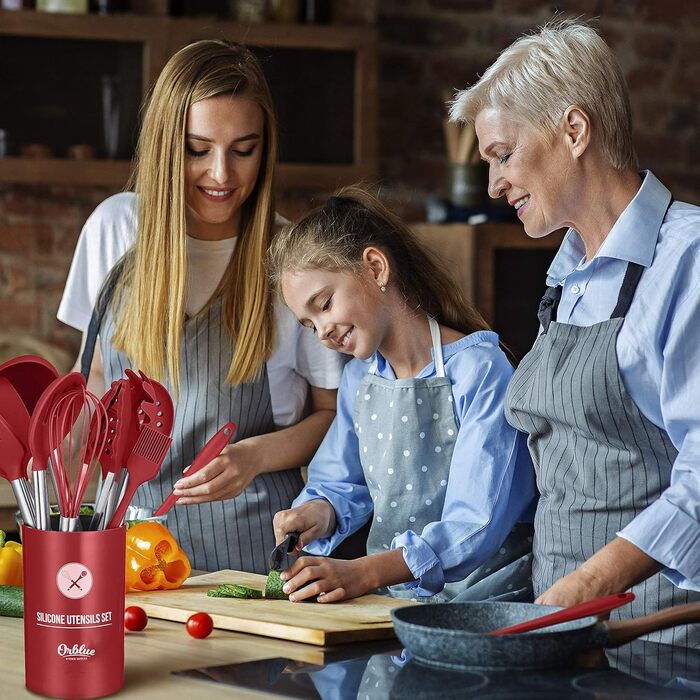 Набір кухонного приладдя ORBLUE 14 предметів: лопатки, шумовки, ложки з силікону та нержавіючої сталі, червоний