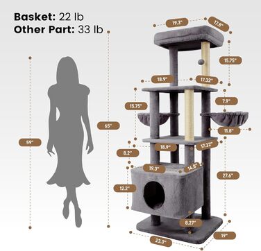 Кігтеточка-кімнатний комплекс Ґарднер Пет Катценбаум, 165 см, сіра. З платформами, кошиками та печерею для котів.