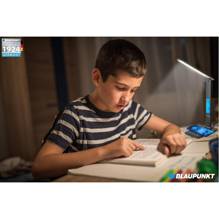 LED-лампа Blaupunkt на стіл з бездротовим зарядним пристроєм, USB-порт, регулювання яскравості, 5 кольорів, регульований кріплення, для офісу та читання, LCD-дисплей (годинник, календар, термометр), чорний