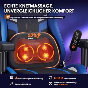 Ігровий крісло Douxlife з масажем та підігрівом, ергономічний офісний стілець з підніжкою, регулювання 90°-175°, підлокітники 2D, для геймерів, PC стілець, 181 кг, блакитний