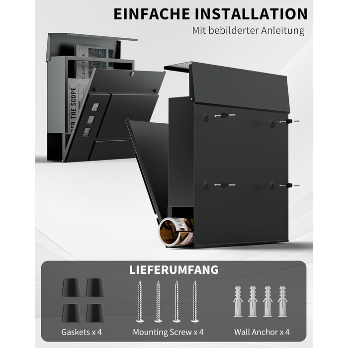 Поштовий ящик Anthrazit з гравіюванням, персоналізований, нержавіюча сталь, з відділенням для газет та замком (2 ключі) | Поштовий ящик з іменним шильдиком та номером будинку