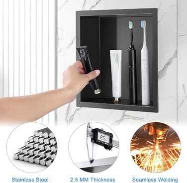 KINKIBOS Wall Niche Shower Stainless Steel, No Tiles Required, Recessed Shower Niche 30 x 30 x 10 cm, Shower Niche Single Shelf Storage Grey Black